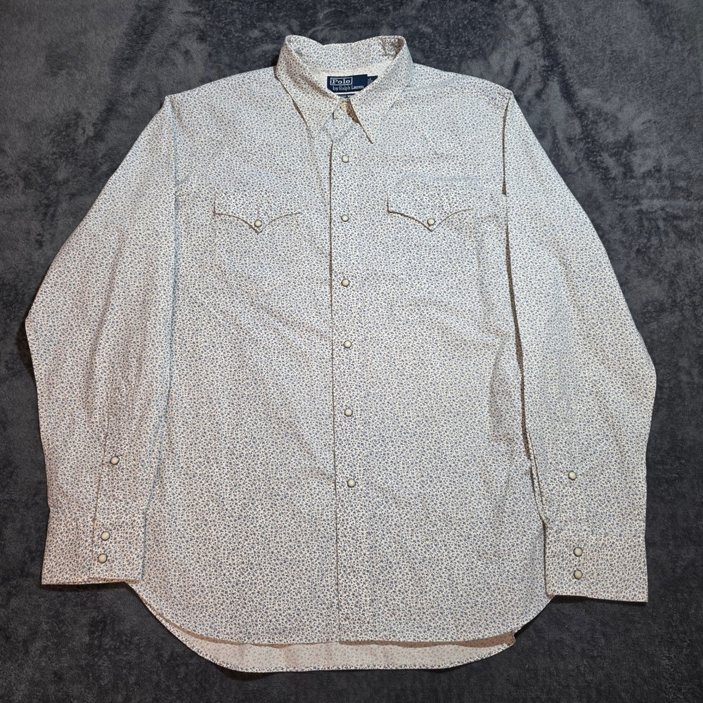 Polo Ralph Lauren Shirt Mens L Classic Western Blue Floral Calico Pearl Snap